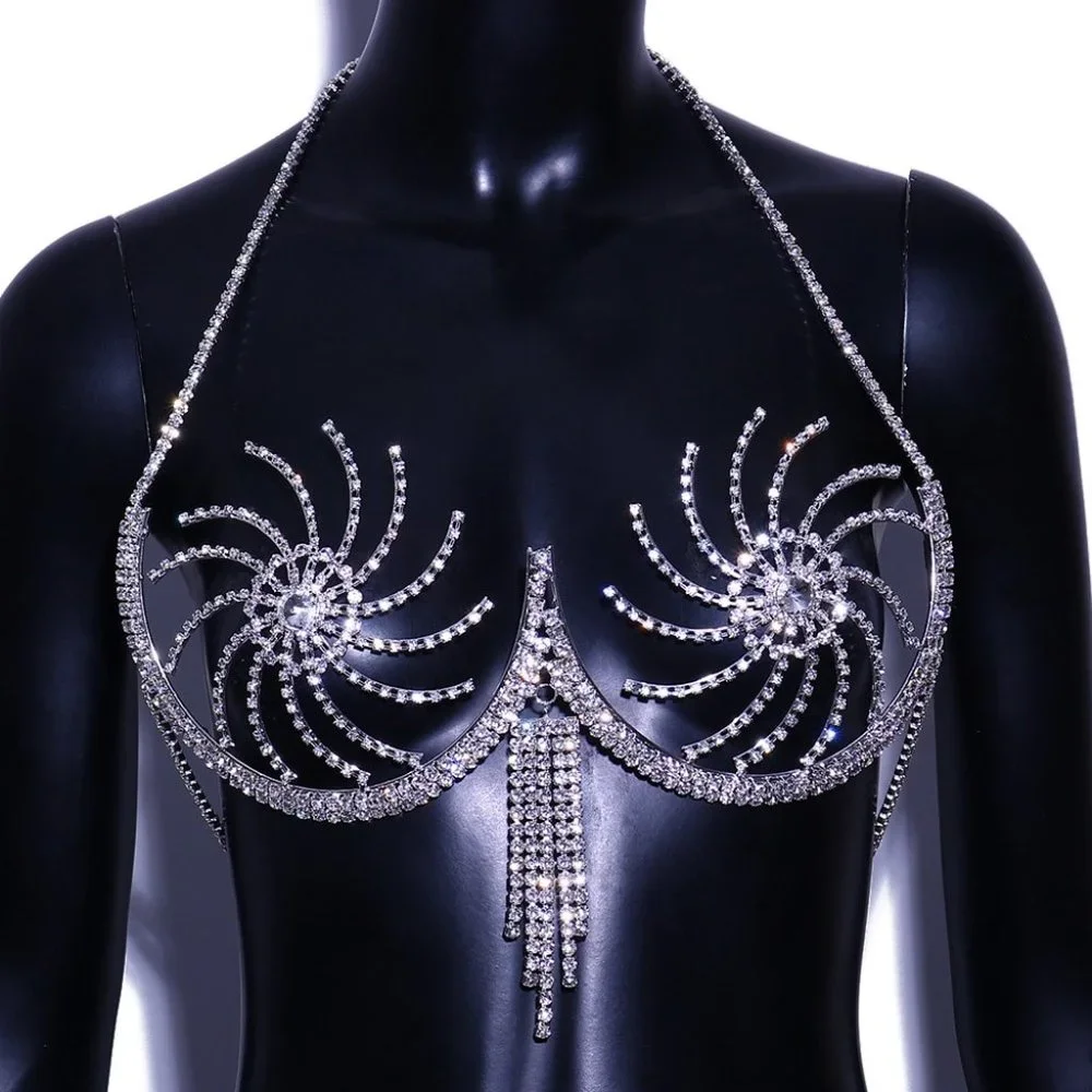 Rhinestone Chest Bracket Tassel Bra Chain Lingerie Crystal Bikini Body Jewelry - Picture 2 of 5